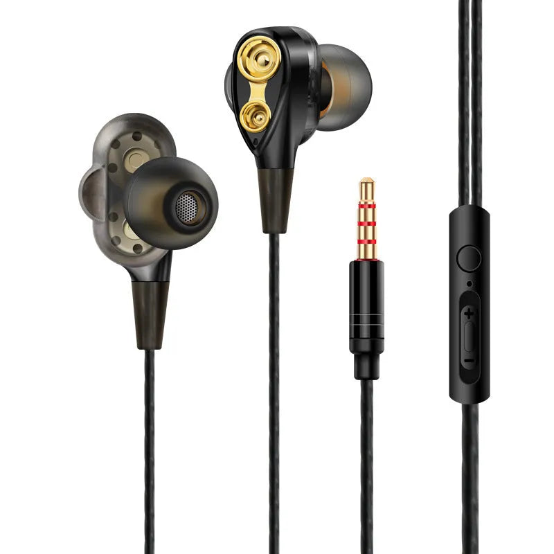 Red quad core dual dynamic metal subwoofer in-ear headphones with 3.5mm cable and inline microphone