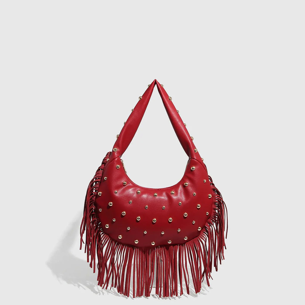 Retro tassel shoulder handbag in black with dedicated phone compartment and polyester lining