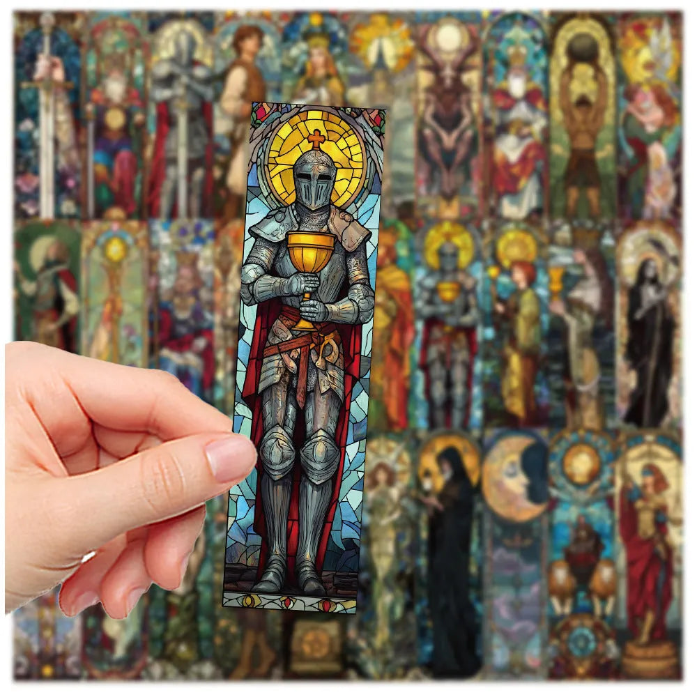 30 tarot bookmarks with painted glass artwork in colourful designs on paper material