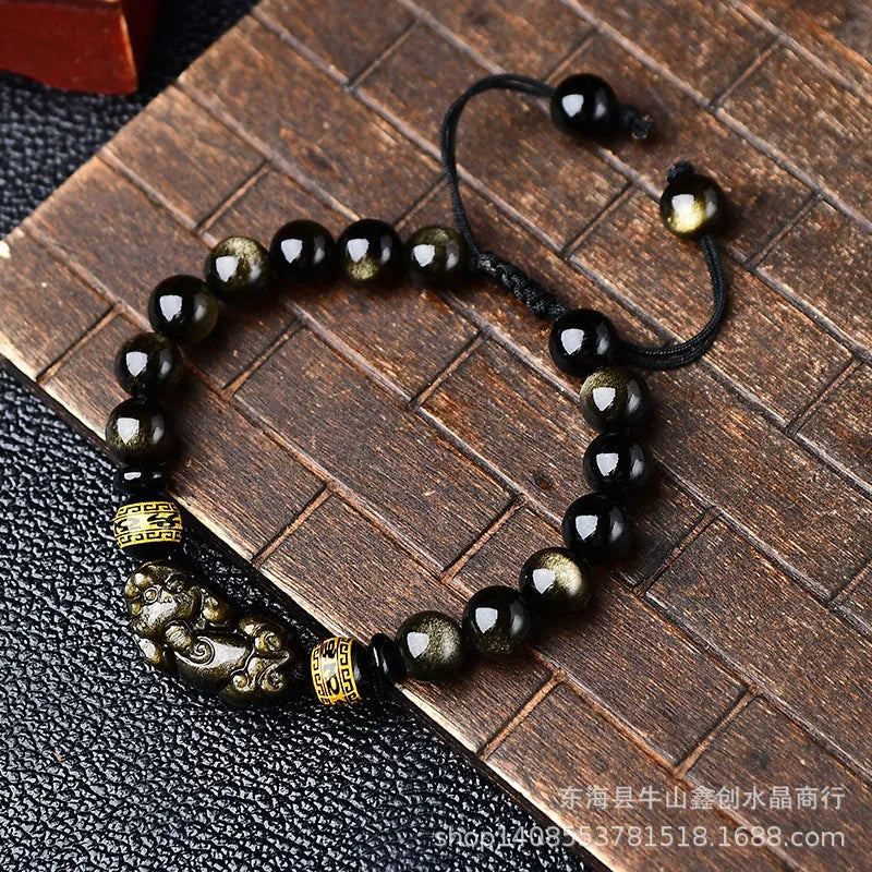 Natural golden obsidian Pi Xiu bracelet hand-woven Chinese style unisex bead sizes 8mm 10mm 12mm 14mm