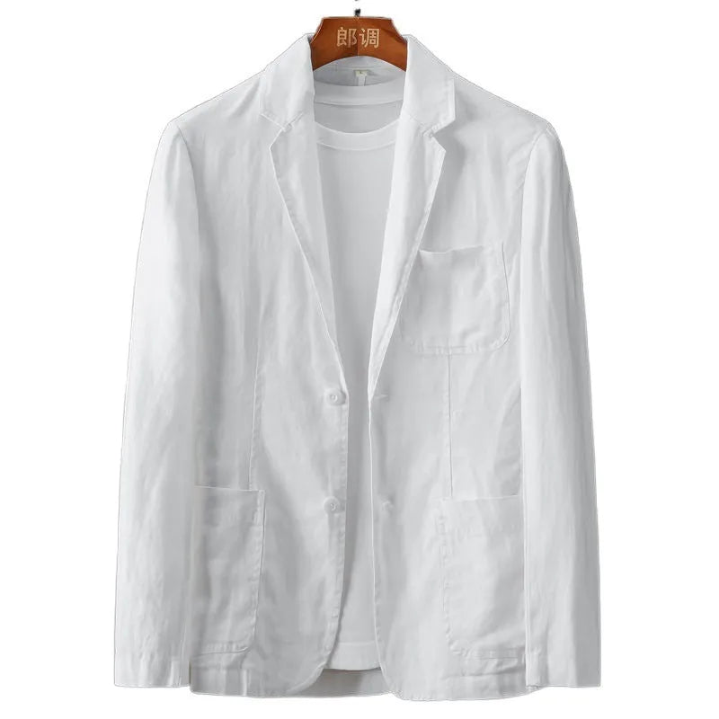 Men's solid colour suit blazer in slim fit with nine-point sleeves in linen white, available in sizes M to 4XL, chlorine fibre fabric