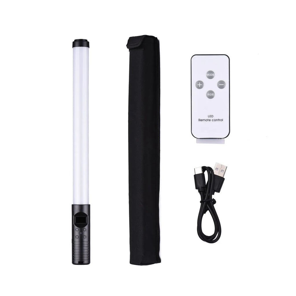Dual colour temperature handheld LED photography light stick with 114 lamp beads, 200 lm, RGB modes, and 1/4 inch screw mount in use