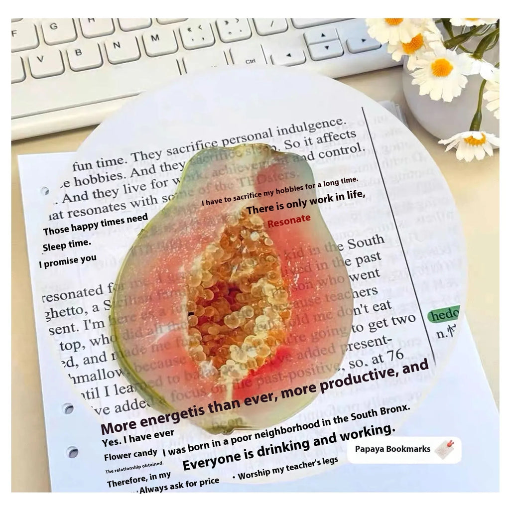 Cute fixed photo cartoon watermelon fruit bookmark made of plastic, approximately 8-10cm in size, transparent style.