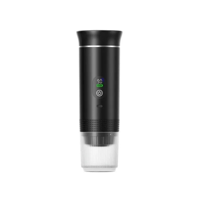Portable electric capsule coffee machine with LCD display and 80ml water tank, in a car cup holder, black colour, battery powered