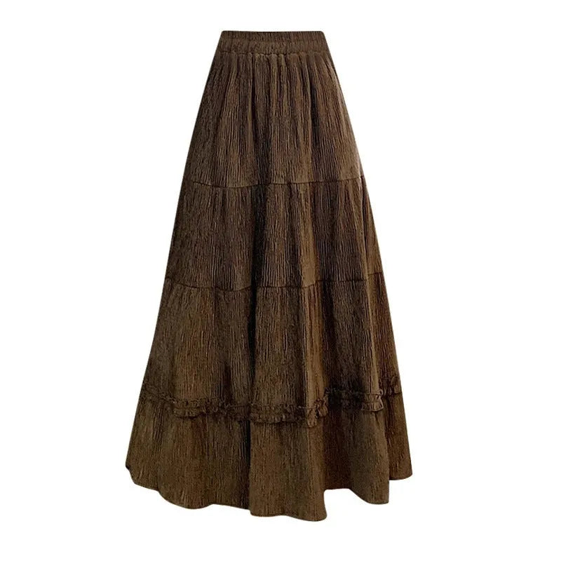Corduroy A-line midi skirt with elastic waistband in beige, black, or brown solid colour