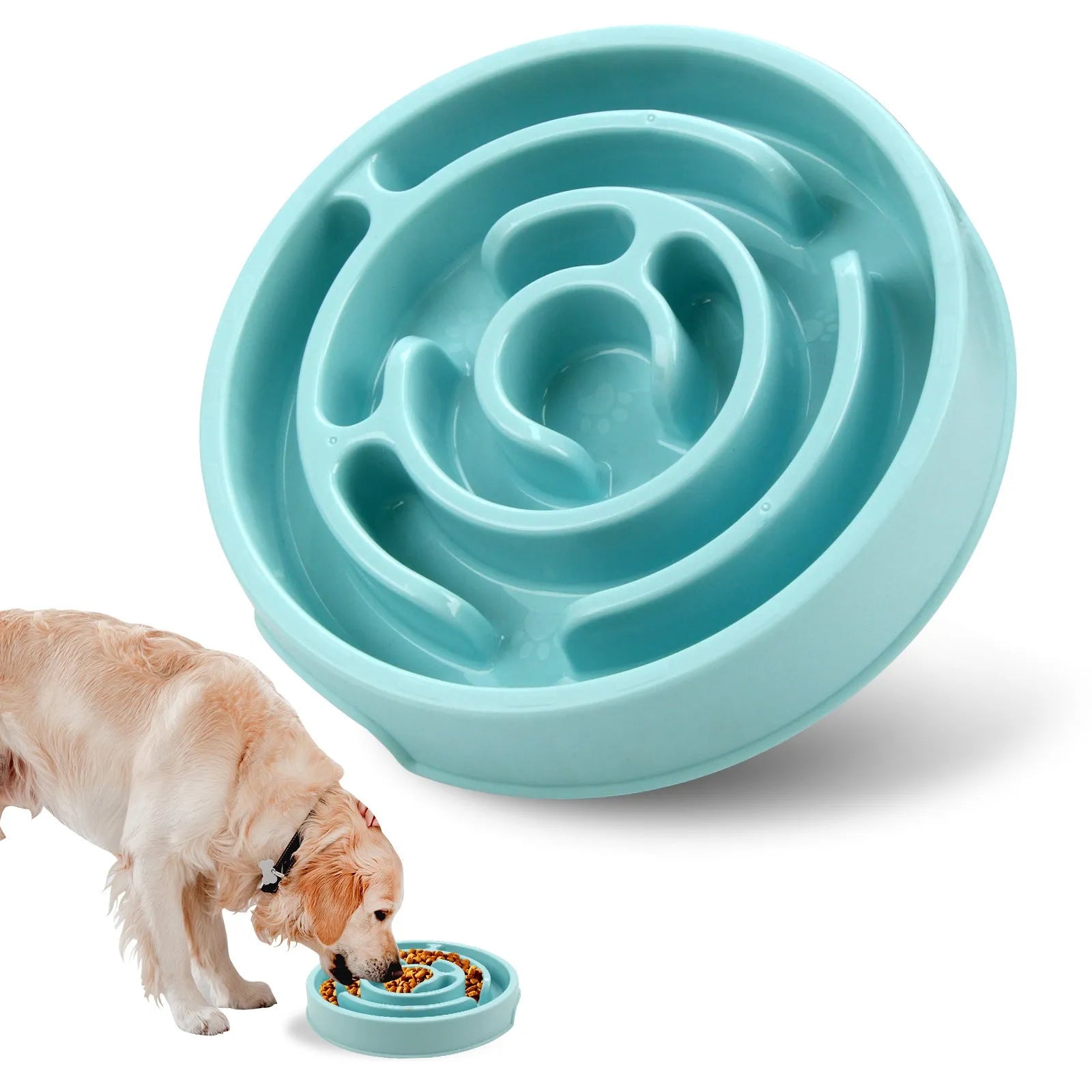 Silicone slow feeder dog bowl with labyrinth puzzle design in blue, green, and pink colours for safe eating