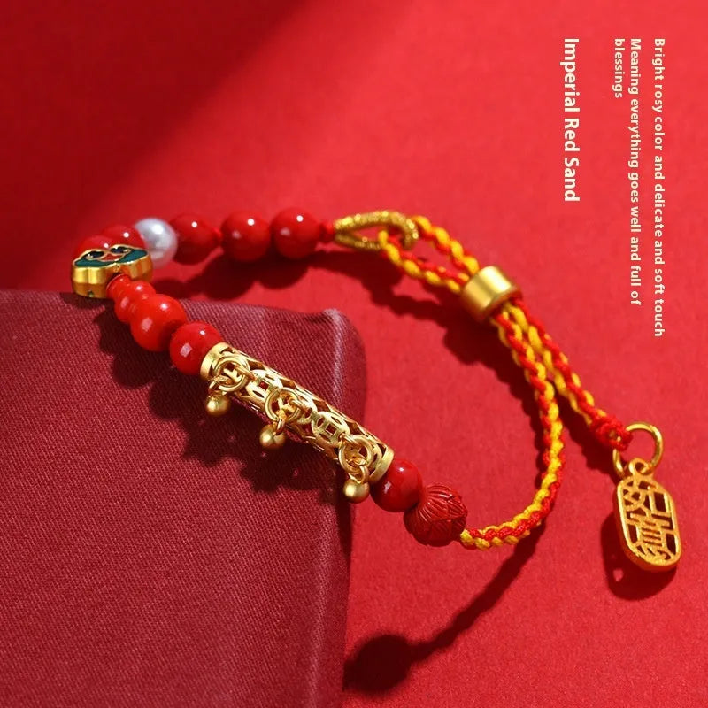 Hand-woven cinnabar red rope bell bracelet with round geometry style, women's national design