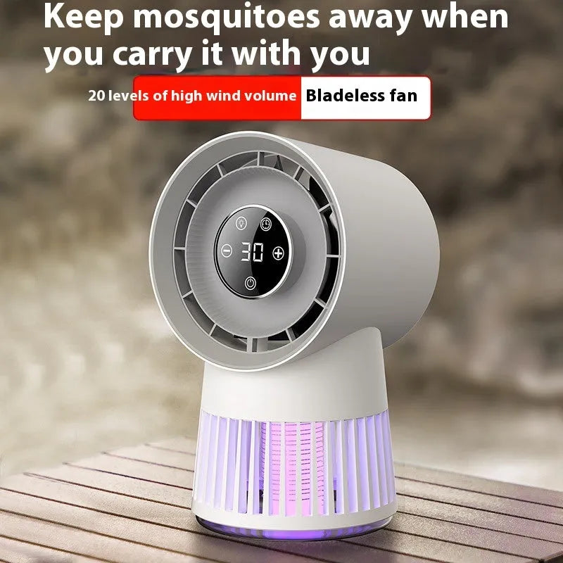 Creative 2-in-1 mosquito killing mini desk fan with night lamp, white plastic, USB rechargeable, 16.5x28x16cm