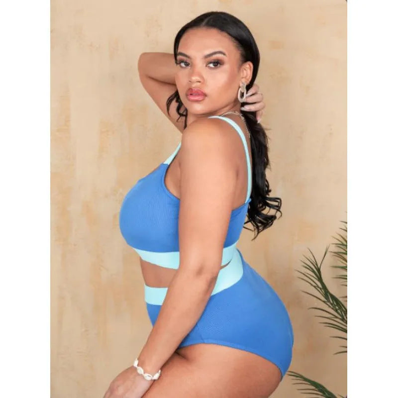 Women's solid colour polyester high-waisted bikini swimsuit with stitching detail