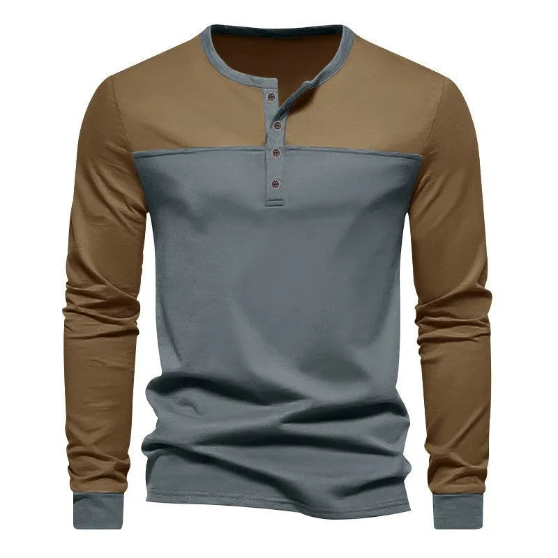 Long-sleeve Henry collar casual shirt with colour matching design in beaded twill fabric