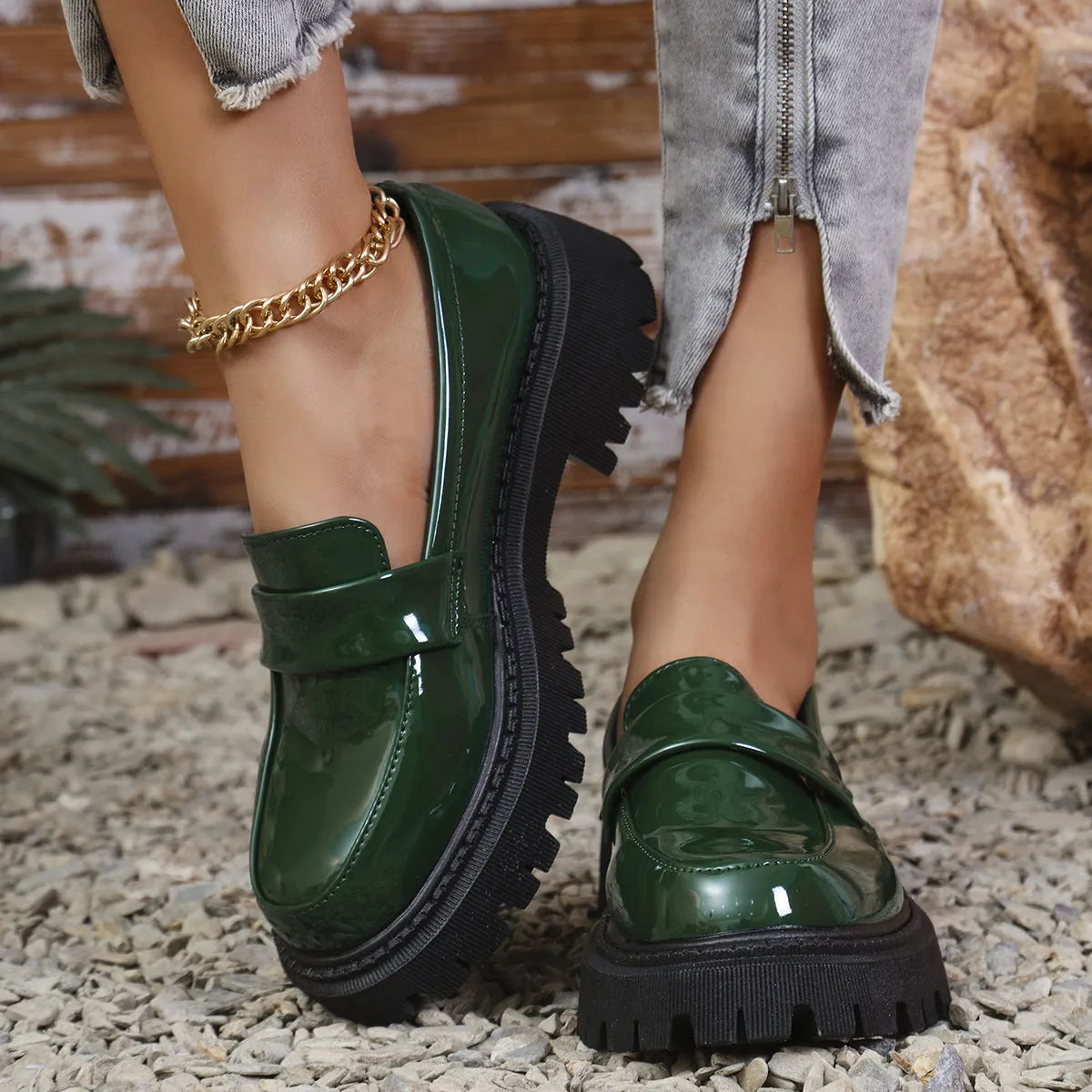 Women's chunky heel slip-on loafers in black, wine red, and green colours showing platform sole