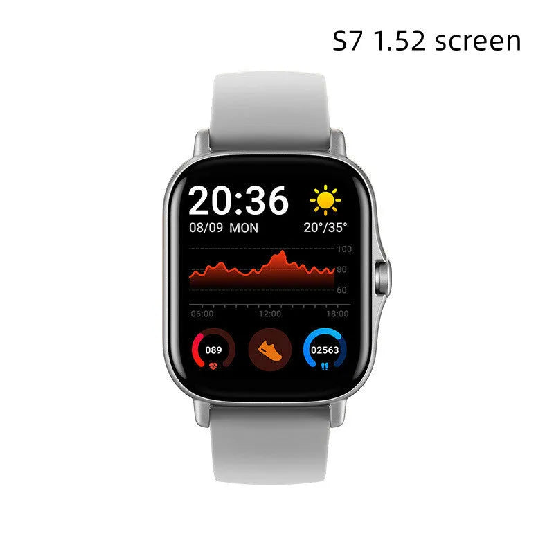 GT20 black alloy smartwatch with silicone strap on wrist, showing heart rate tracking on screen