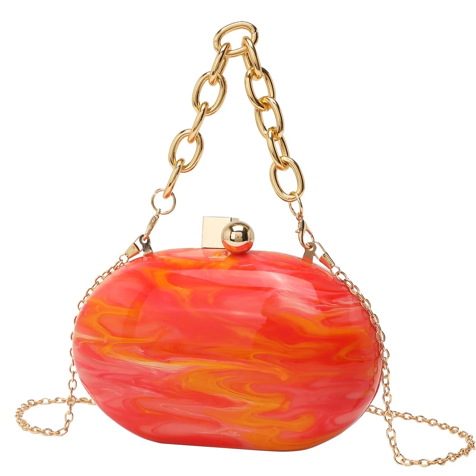 Oval acrylic chain crossbody handbag in pearlescent white with hard shell and three-dimensional pocket