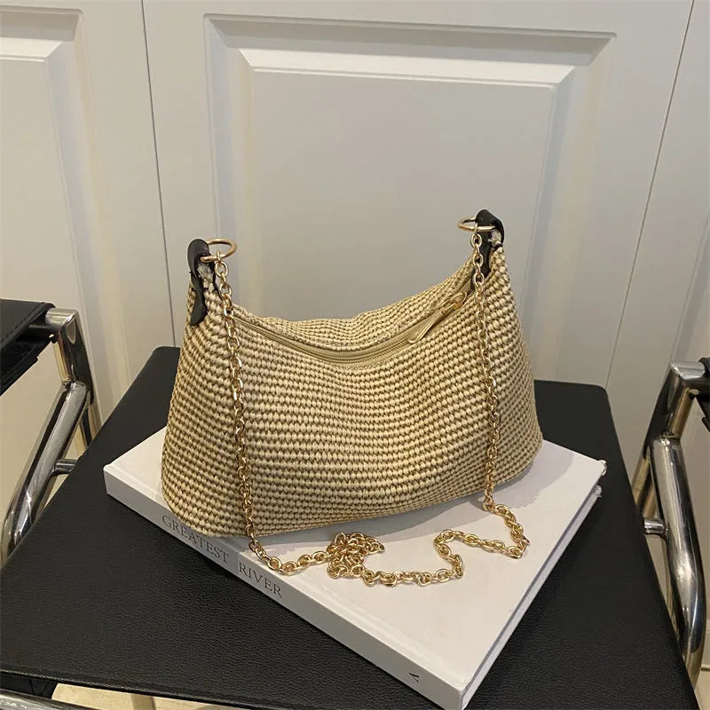 Women's woven straw crossbody bag in khaki with mobile phone pocket, 27cm width