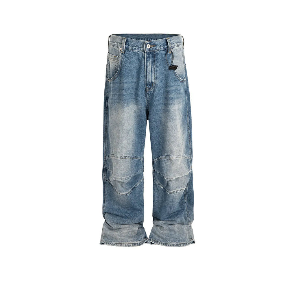 Profile Pleated baggy straight-leg washed white blue jeans on model