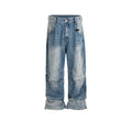 Profile Pleated baggy straight-leg washed white blue jeans on model