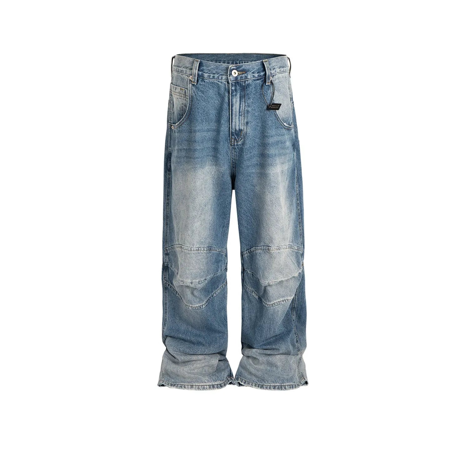 Profile Pleated baggy straight-leg washed white blue jeans on model