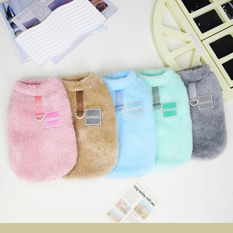 Coral fleece pet legs fluffy jacket with five-colour pull rings, available in multiple sizes and colours