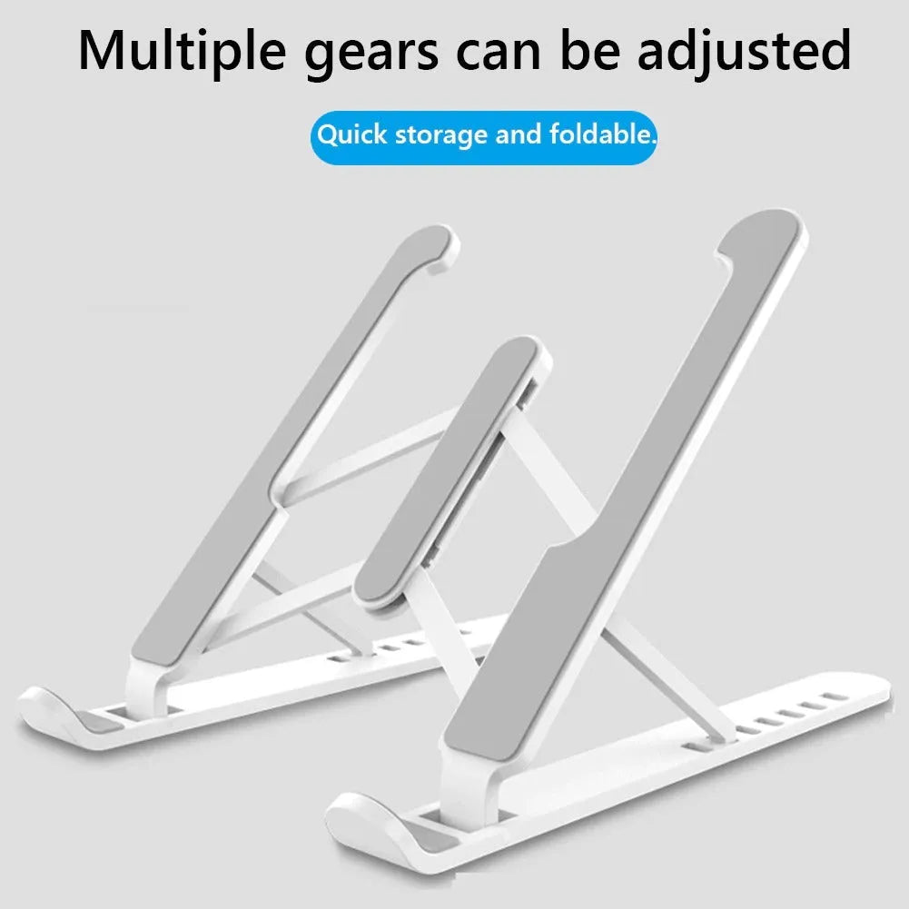 Adjustable non-slip laptop cooling stand in black with six height gears, folded flat on a desk