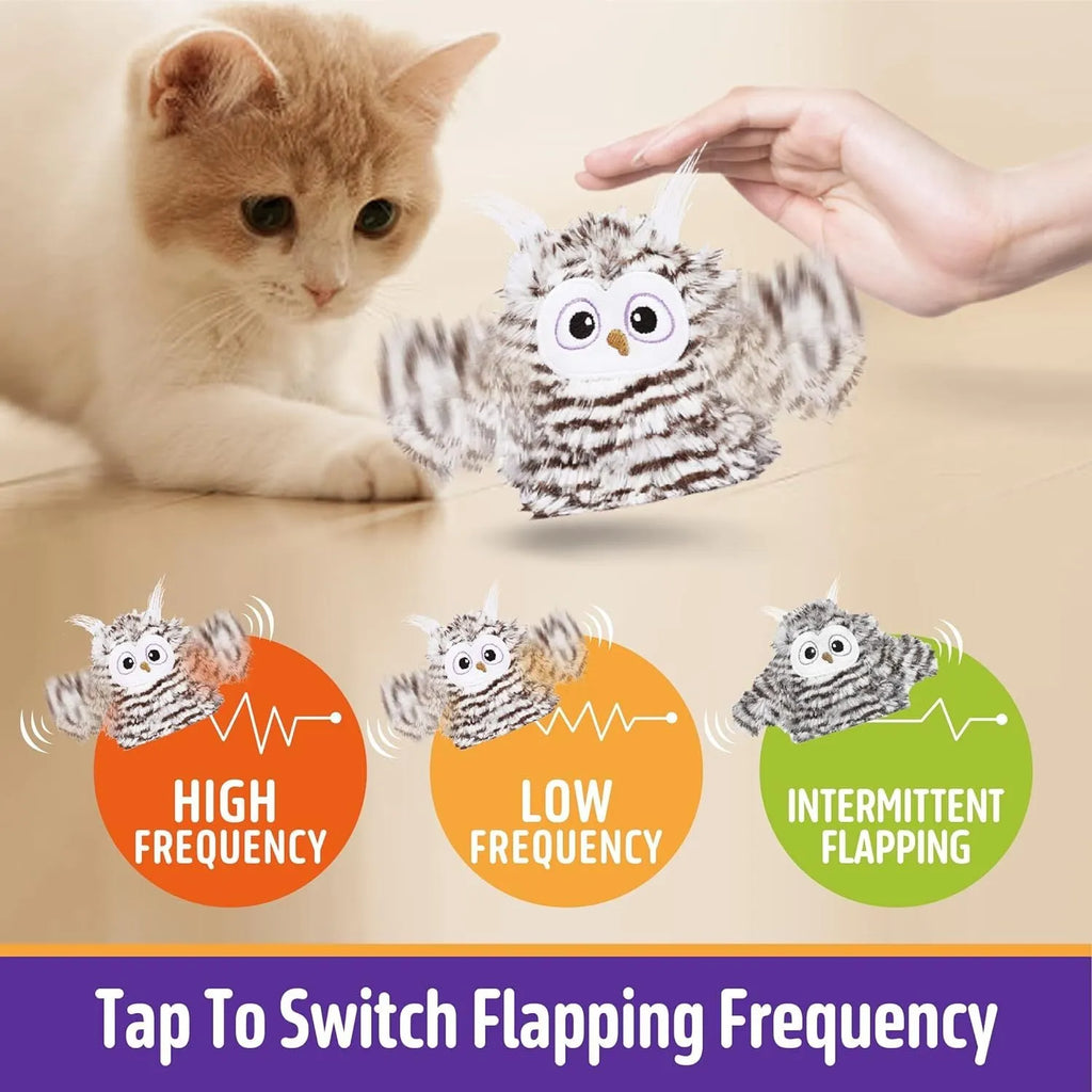 Grey automatic chirping owl cat toy with beating wings for indoor feline play