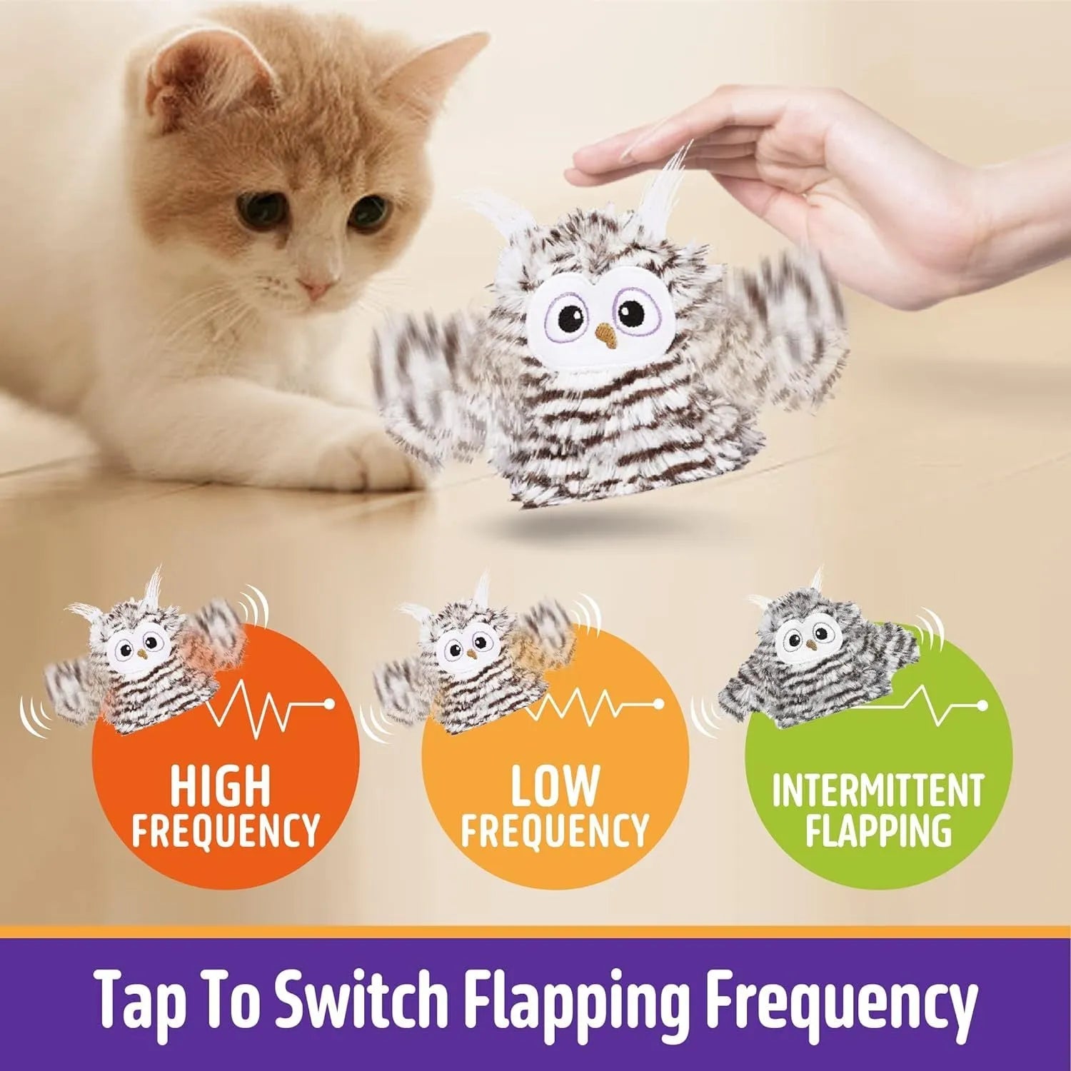 Grey automatic chirping owl cat toy with beating wings for indoor feline play