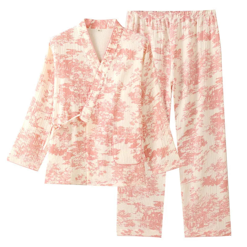 Women's pure cotton double-layer gauze loungewear suit with long sleeves and lace-up trousers in frosted pine tree colours