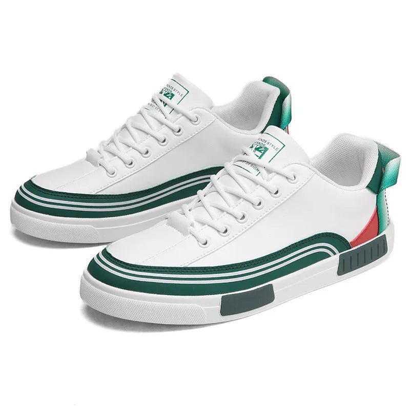 Men's beige and white/green canvas casual shoes with mesh sections and round toe
