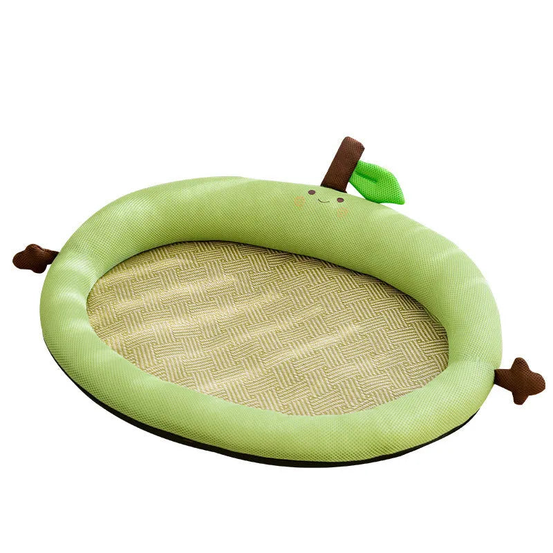 Green bear design pet cooling nest mat with raised edges and a fruit-shaped backrest.