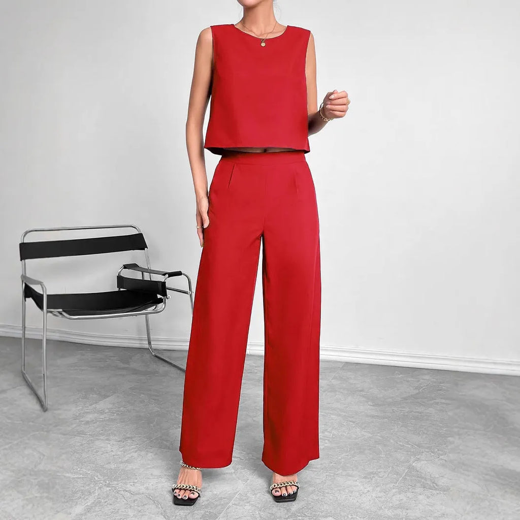 Women's red polyester two-piece set with sleeveless top and wide-leg trousers