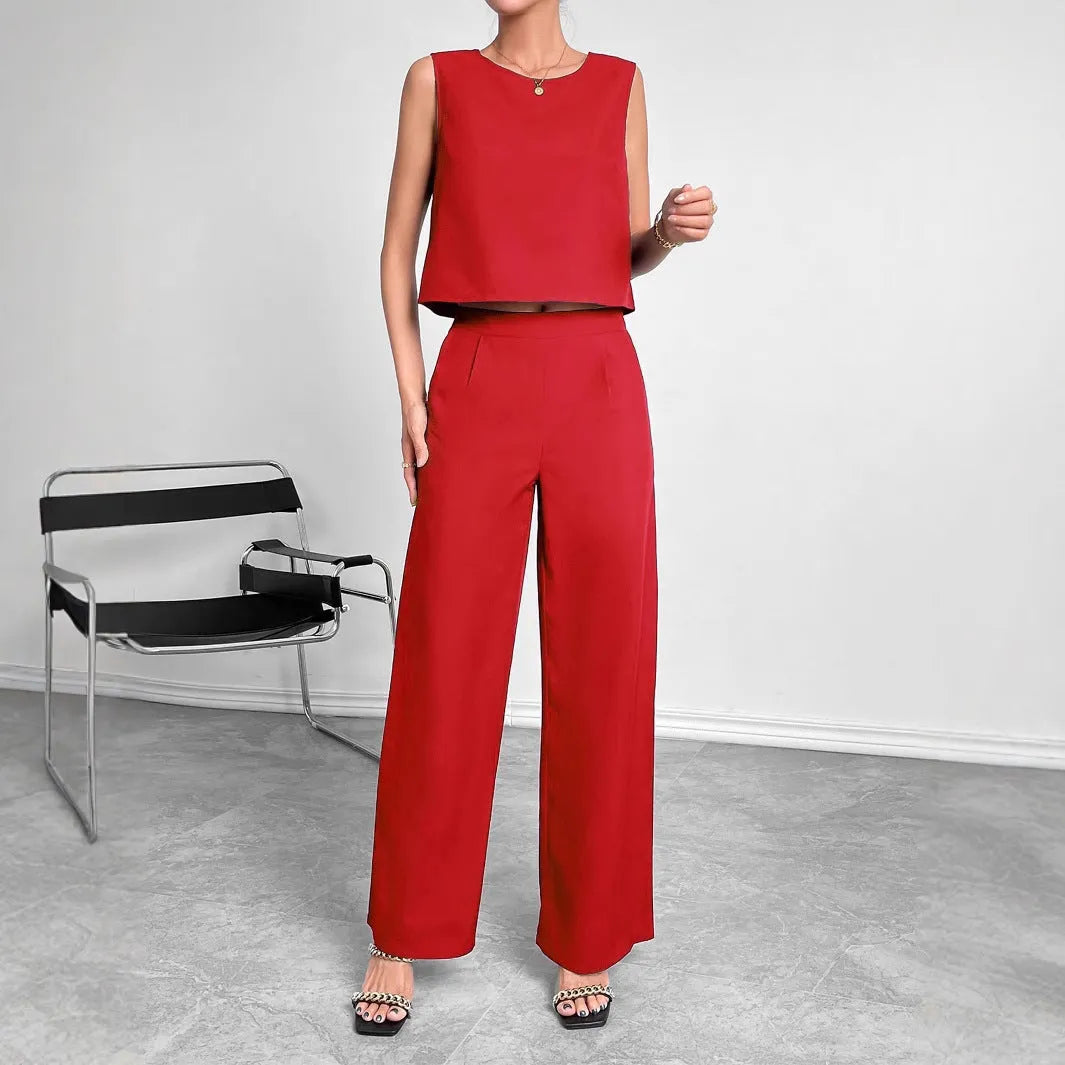 Women's red polyester two-piece set with sleeveless top and wide-leg trousers