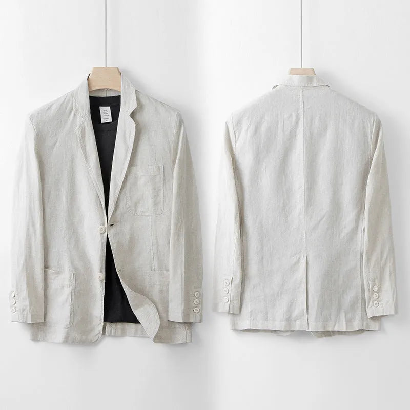 Men's casual linen suit jacket in loose fit with long sleeves, shown in solid colour options