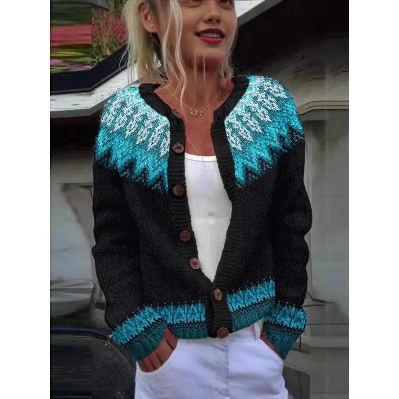 Digital printing cardigan knitted coat with 3D effect pattern in yellow, front view, on a plain background