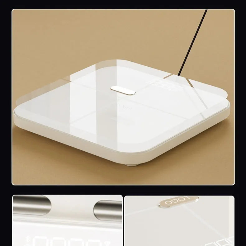 White professional body fat scale with 8 electrodes and LED display on tempered glass platform