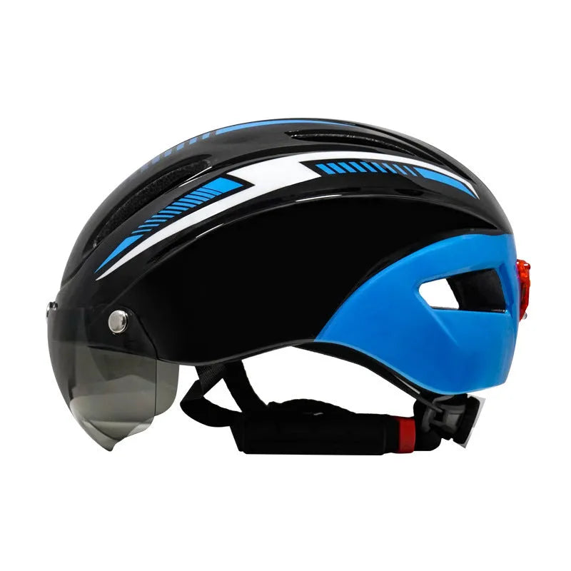 Adult bicycle helmet with goggles and taillight in blue, white, and black colour scheme
