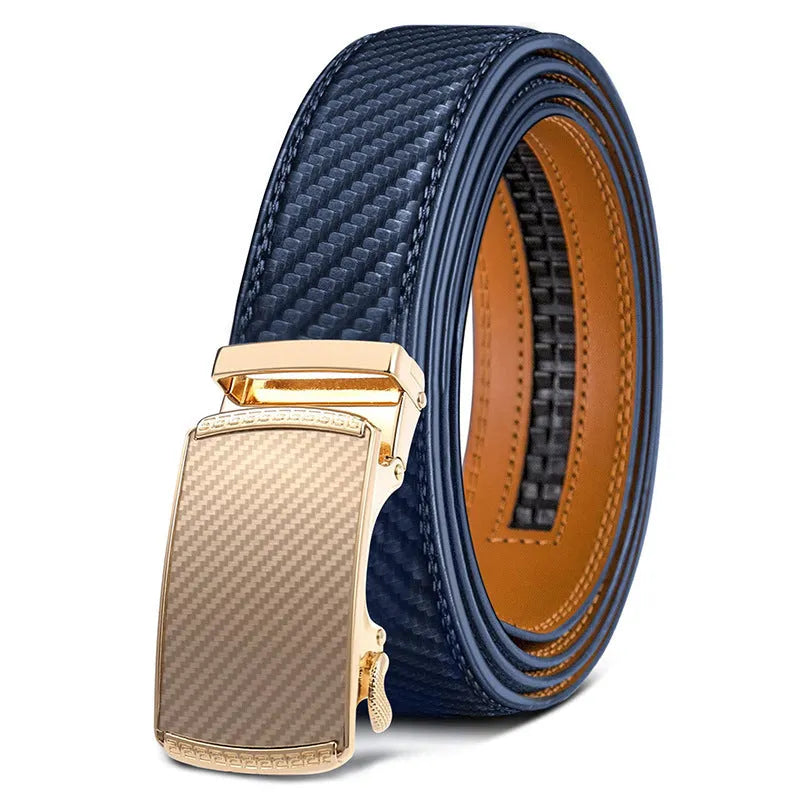 Men's PU leather embossed automatic buckle belt with alloy buckle, 120-140cm length, multiple colour options