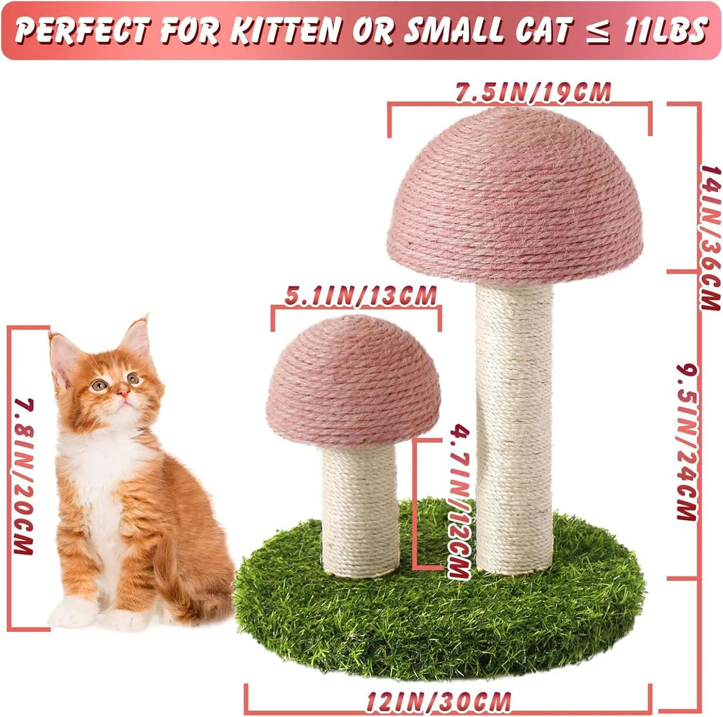 Pink mushroom-shaped cat scratching post with sisal-covered pole for kittens and small cats