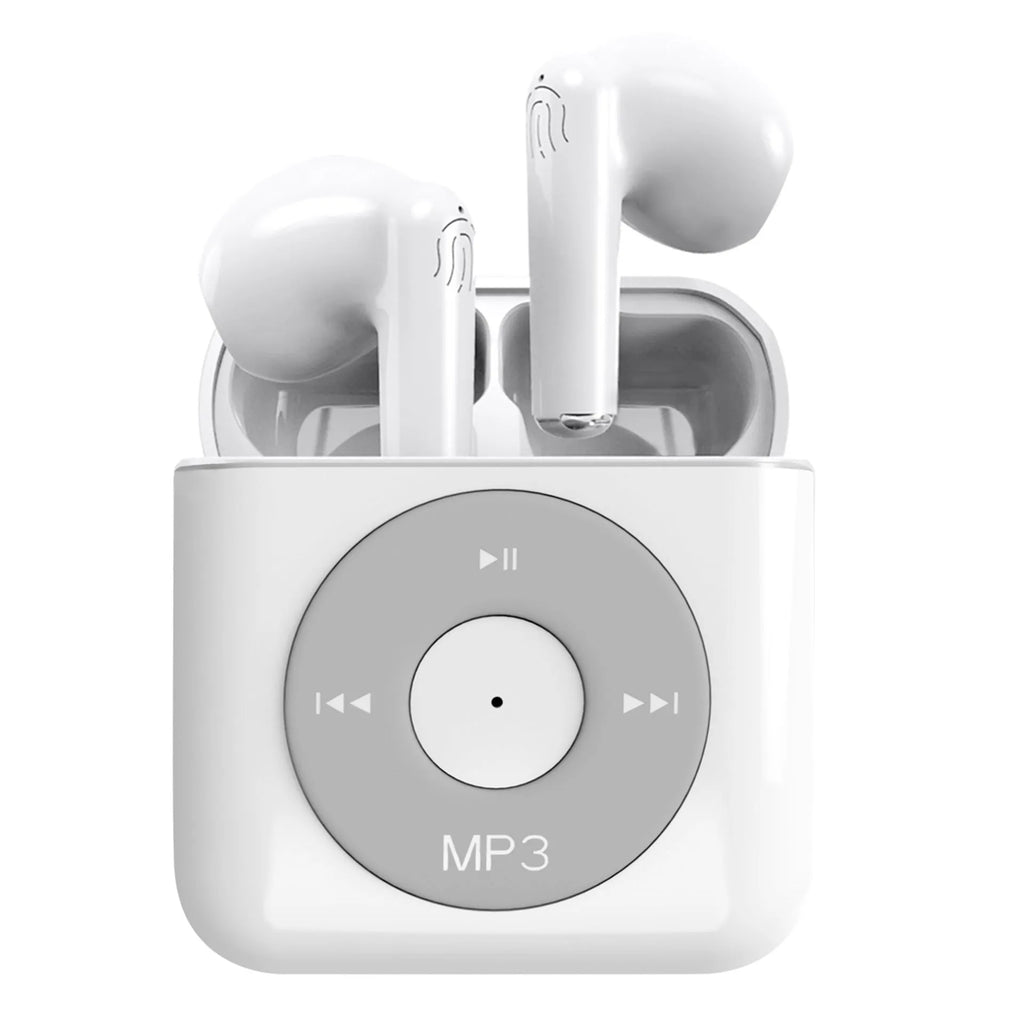 White semi in-ear wireless Bluetooth earphones with charging case showing noise reduction and call functionality