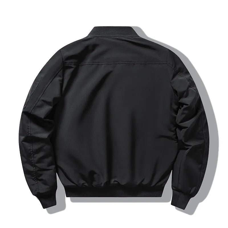 Men's slim-fit retro motorcycle coat with Harley embroidery on chest, stand collar, and patch pockets.