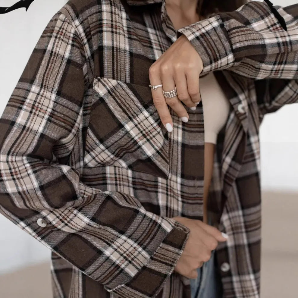 Women's retro striped shirt in dark brown with long sleeves and trueran cotton fabric