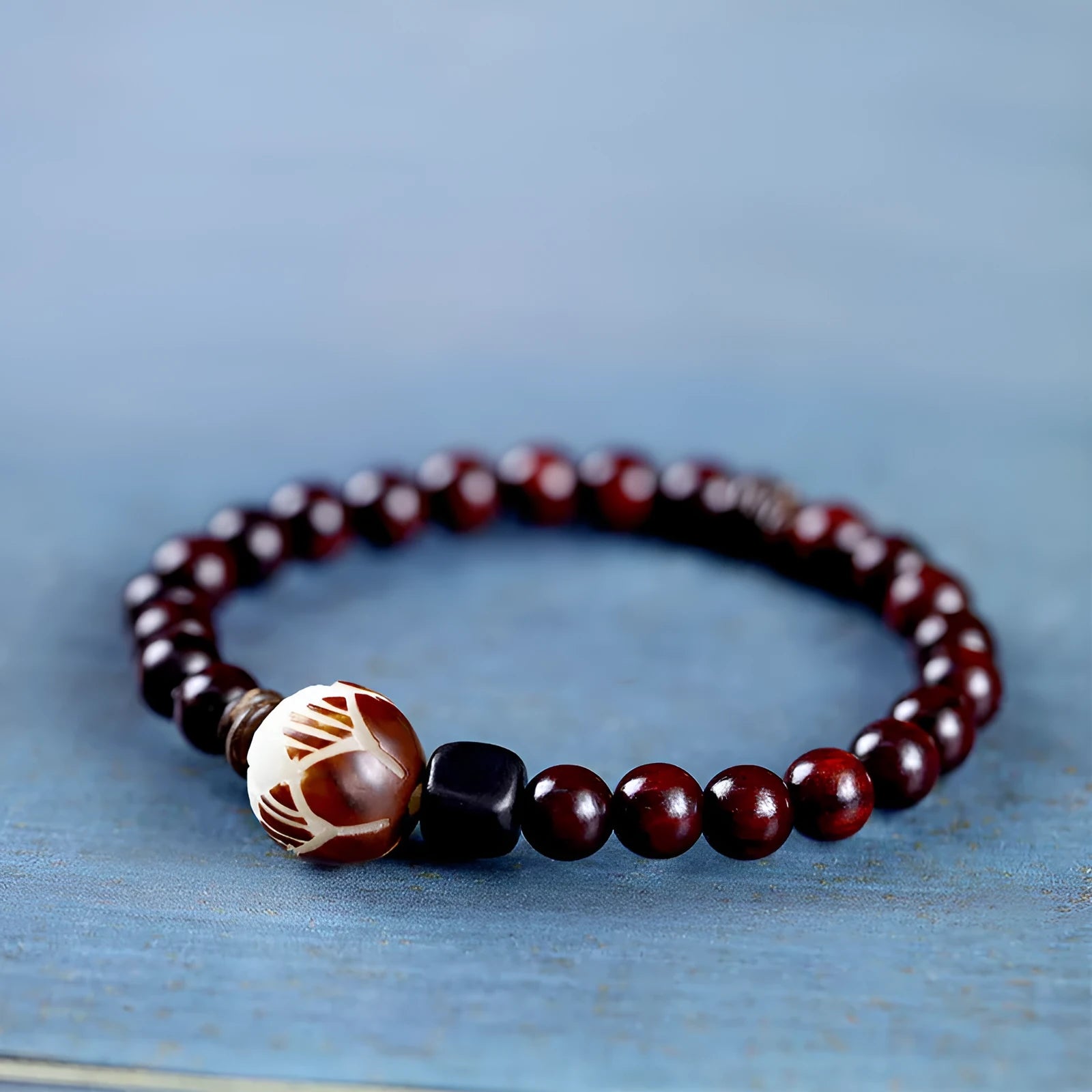 Natural rosewood double-ring bracelet with 10mm flower shapes and choice of thickness options