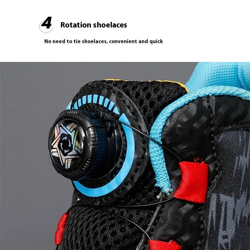 Children's black and coloured rotating button running shoes with a cushion basketball design on a white background
