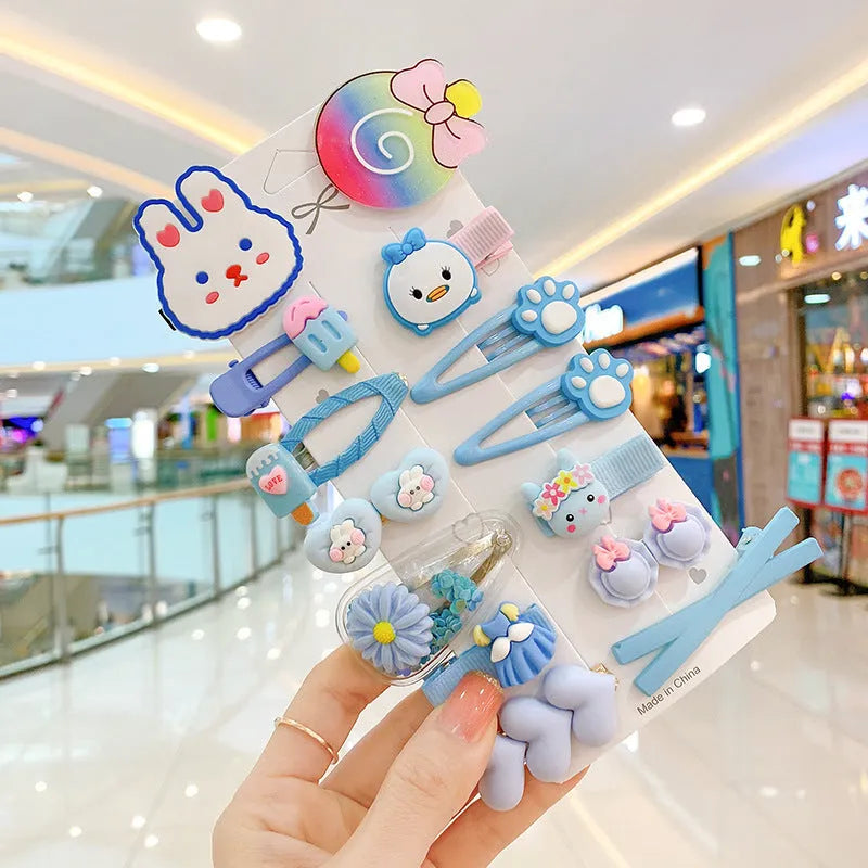 14PCS toddler hair accessories set with rainbow barrettes and colourful fruit and butterfly patterns on white background