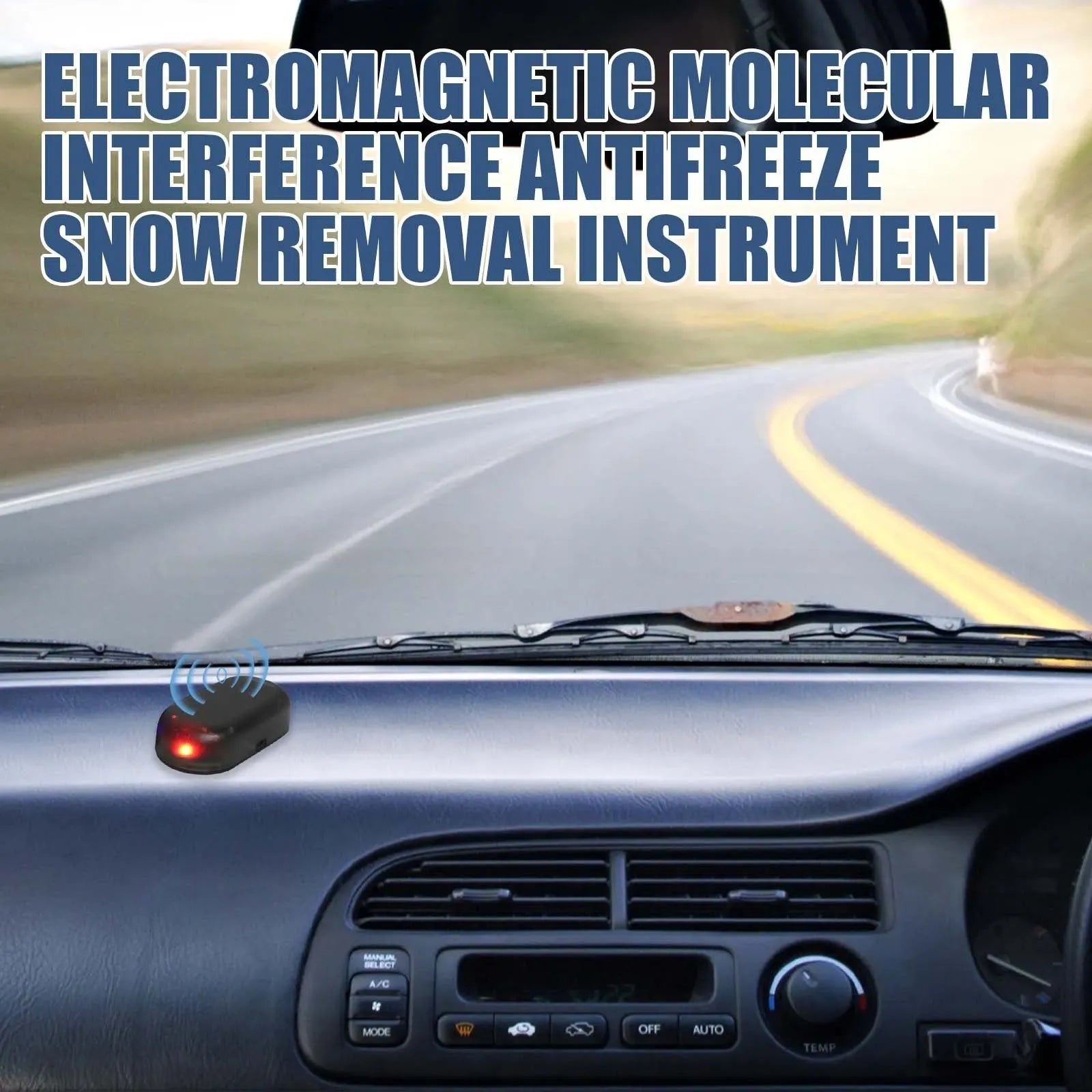 Black car snow removal tool with special glass deicing technology, 5 x 2.6 x 1.5 cm, placed on a car dashboard