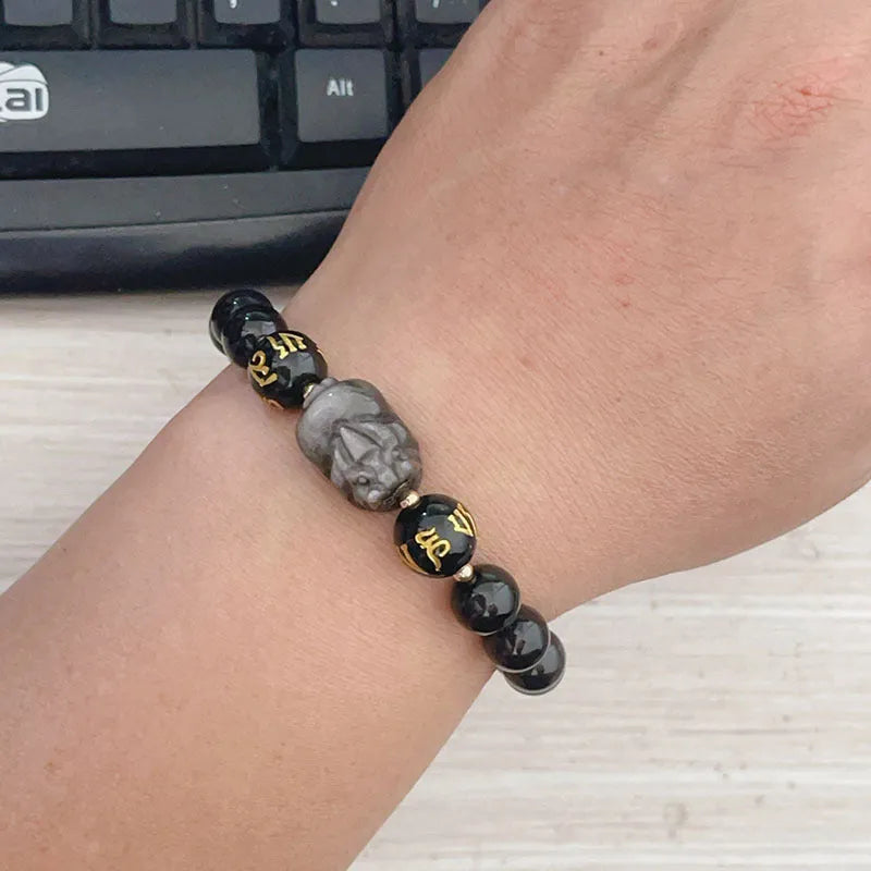 Men's Chinese-style silver stone bracelet with hand-crafted beads featuring zodiac and proverb inscriptions.