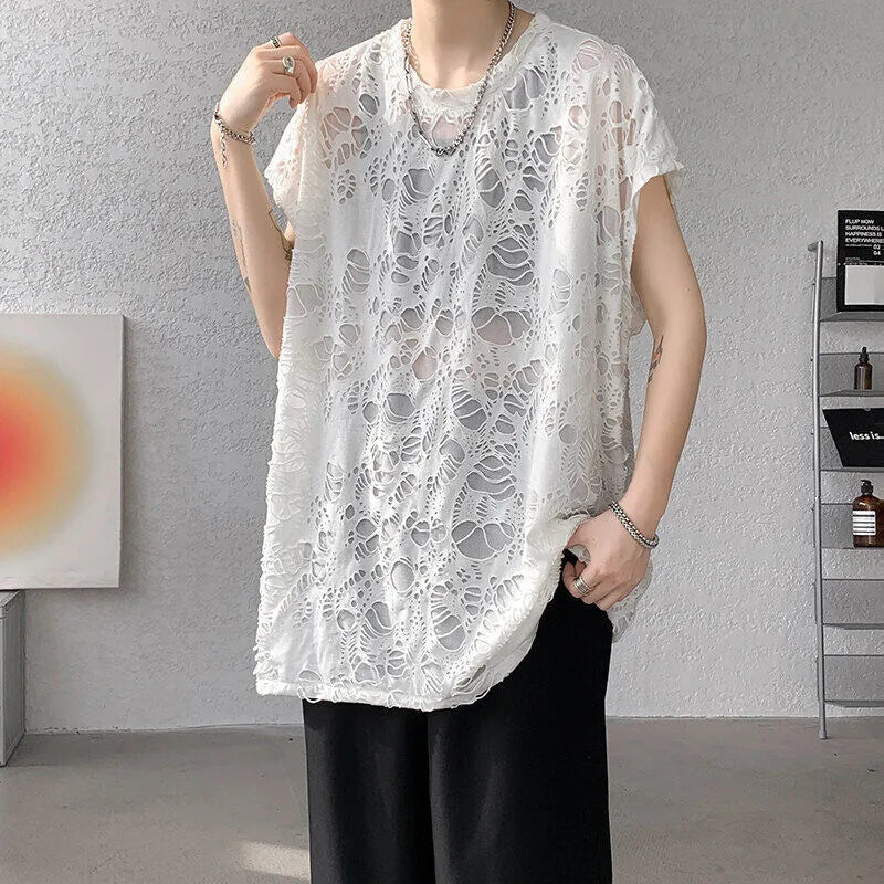 Black ripped beggar sleeveless wide shoulder vest for women, Japanese retro pullover style in polyester fibre, front view.