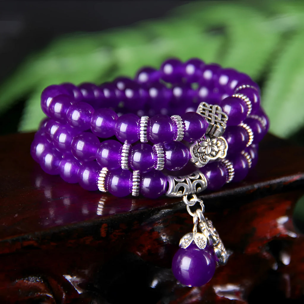 Natural purple chalcedony crystal bracelet with three circles of beads, women's ethnic style jewellery