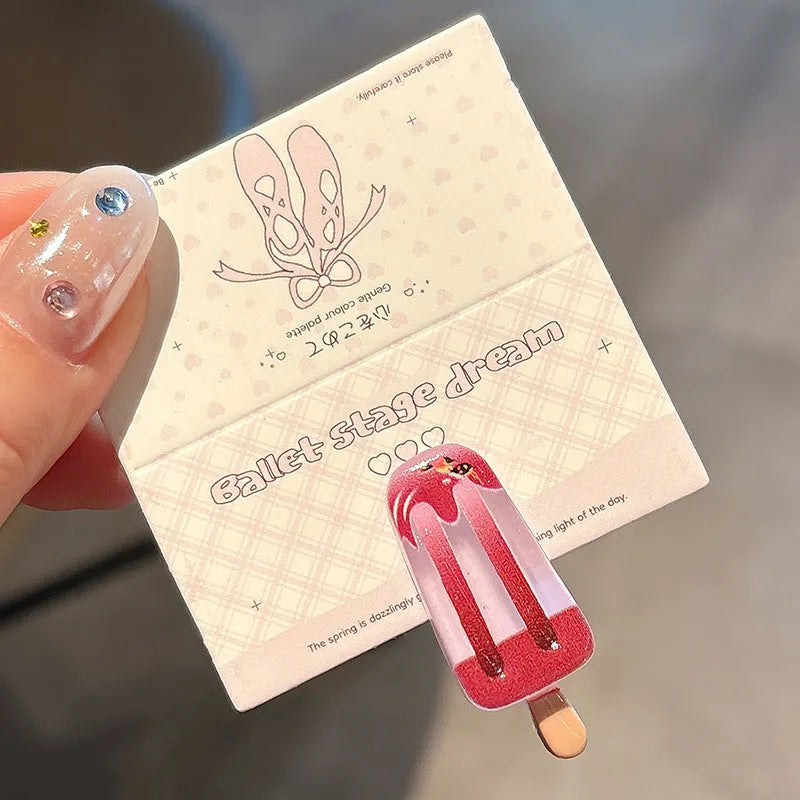 Cartoon ice cream resin barrette side clip for women in beige colour with ice candy design