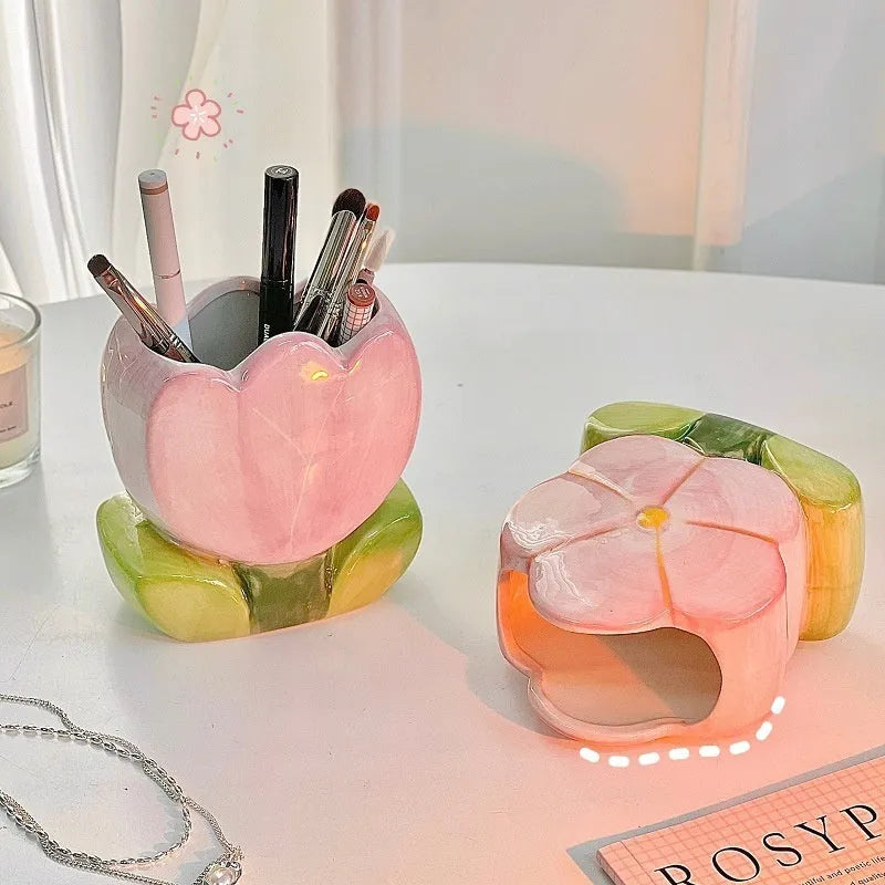 Ceramic flower pen holder storage box with tulip design in blue, pink, and purple colour patterns