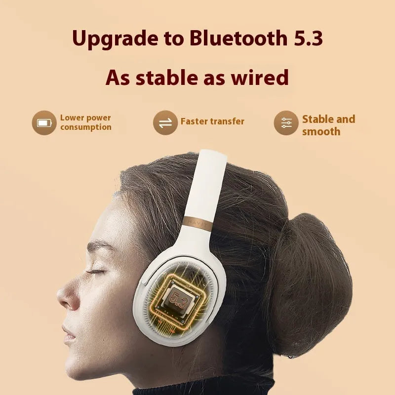 Wireless Bluetooth headphone head-mounted gaming headset in cream colour, PC ABS material, with noise reduction microphone.