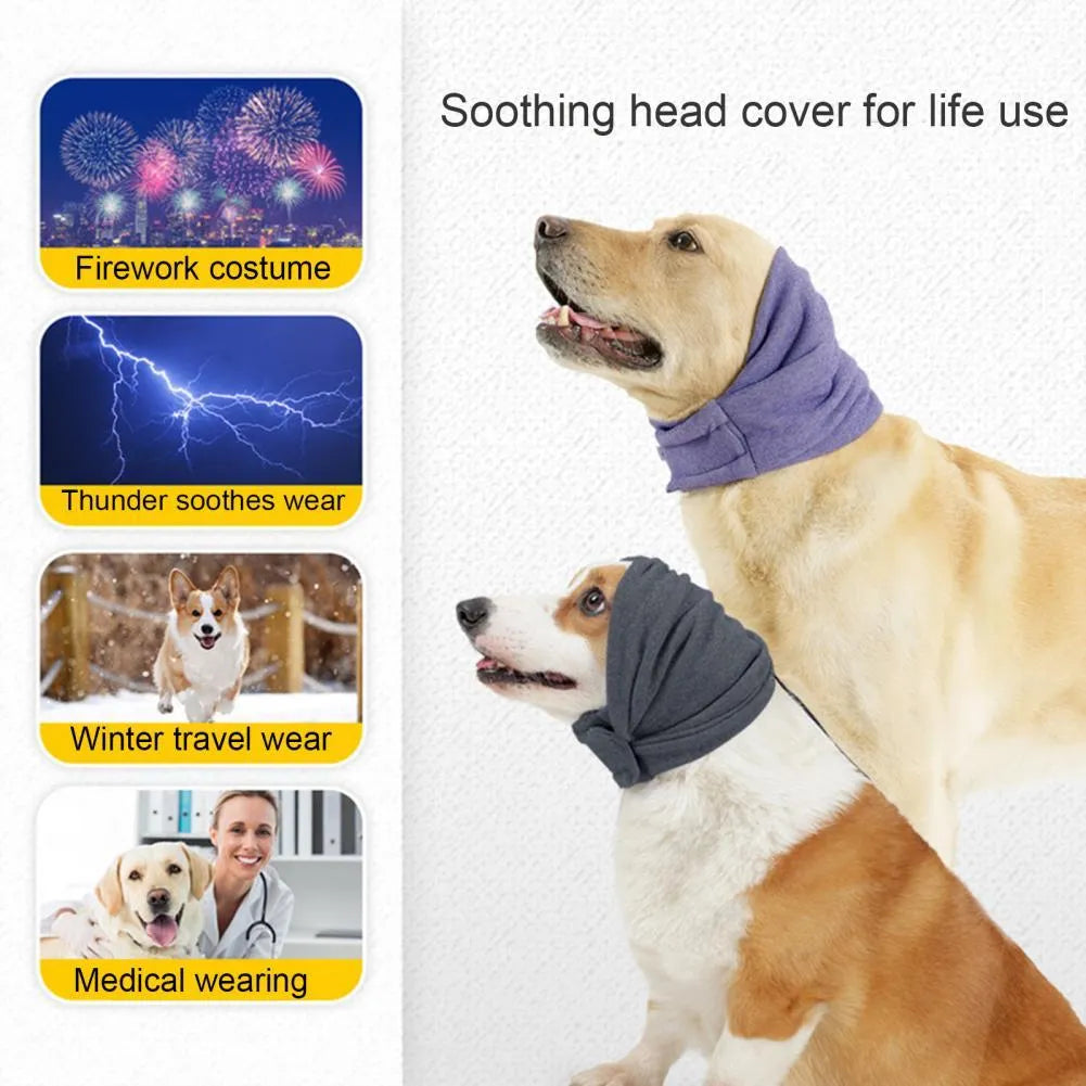 Dog calming hoodie head cover in polyester fabric for noise reduction and multi-purpose use